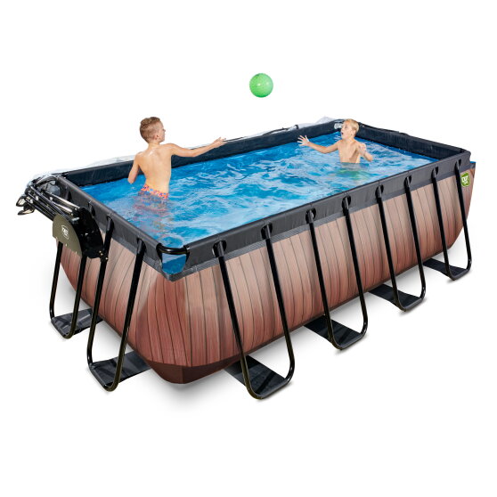 EXIT Wood pool 400x200x122cm med sandfilterpump och tak - brun