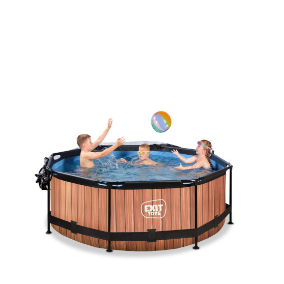EXIT Wood pool &oslash;244x76cm med filterpump och tak - brun