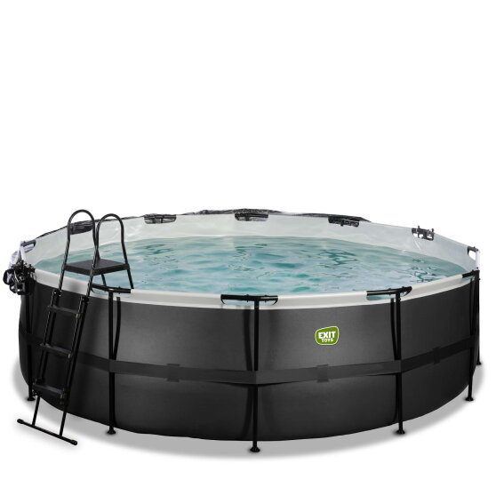 EXIT Black Leather pool &oslash;450x122cm med sandfilterpump och tak och v&auml;rmepump - svart
