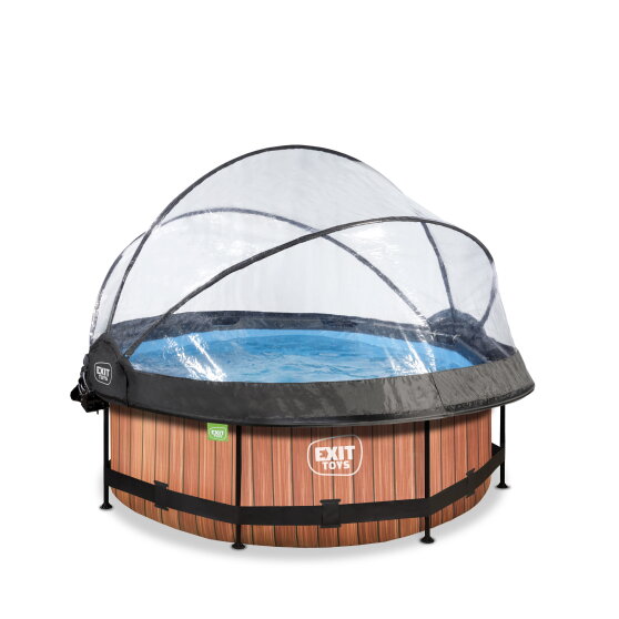 EXIT Wood pool ø244x76cm med filterpump och tak och solsegel - brun