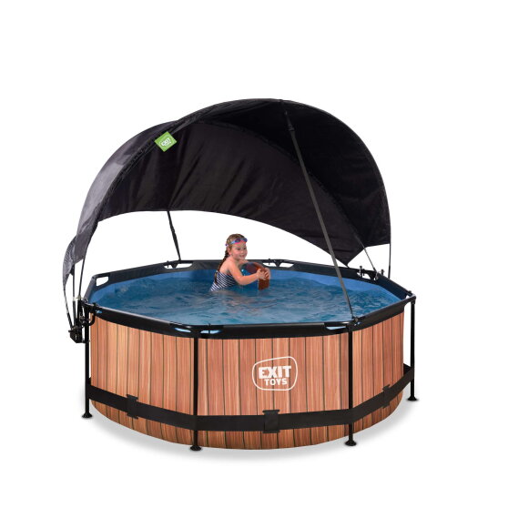 EXIT Wood pool &oslash;244x76cm med filterpump och solsegel - brun