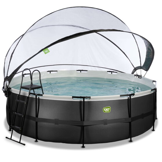 EXIT Black Leather pool &oslash;450x122cm med sandfilterpump och tak och v&auml;rmepump - svart