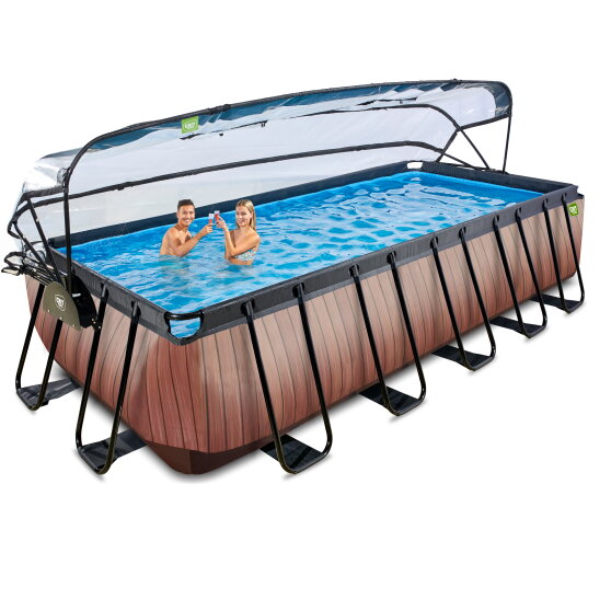 EXIT Wood pool 540x250x122cm med sandfilterpump och tak - brun