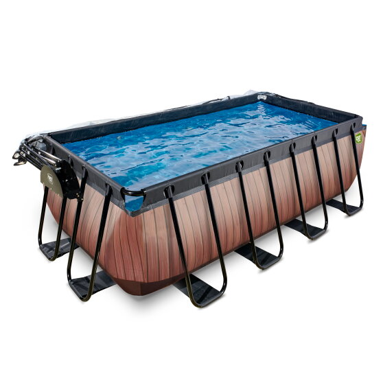 EXIT Wood pool 400x200x122cm med sandfilterpump och tak - brun