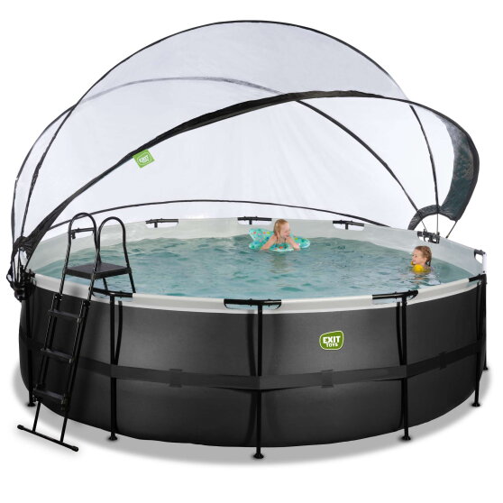 EXIT Black Leather pool &oslash;450x122cm med sandfilterpump och tak och v&auml;rmepump - svart
