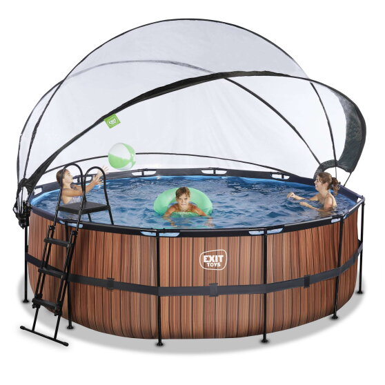 EXIT Wood pool ø427x122cm med sandfilterpump och tak och värmepump - brun