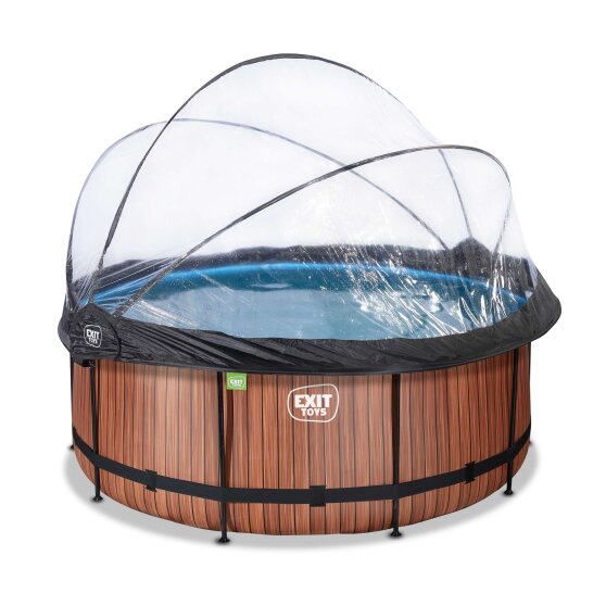 EXIT Wood pool ø360x122cm med sandfilterpump och tak och värmepump - brun