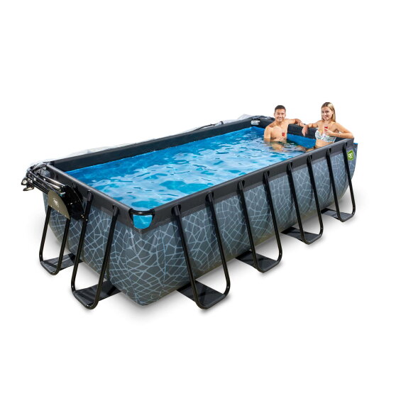 EXIT Stone pool 400x200x100cm med sandfilterpump och tak och värmepump - grå