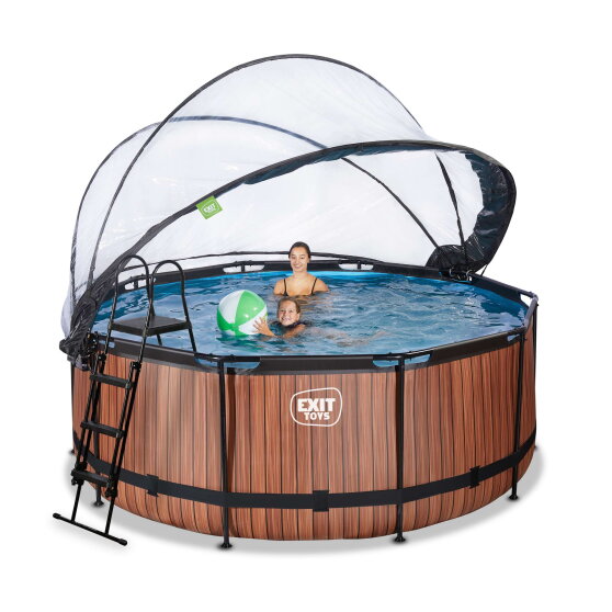 EXIT Wood pool ø360x122cm med sandfilterpump och tak och värmepump - brun