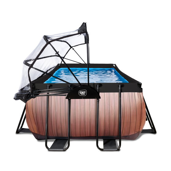 EXIT Wood pool 400x200x122cm med sandfilterpump och tak och värmepump - brun
