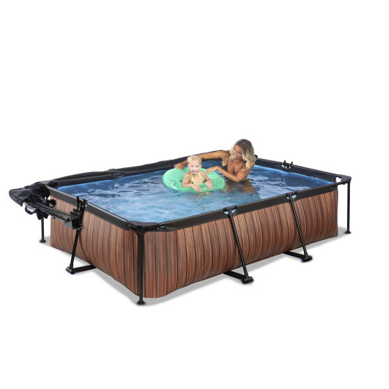 EXIT Wood pool 300x200x65cm med filterpump och tak och solsegel - brun