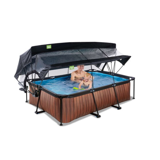 EXIT Wood pool 220x150x65cm med filterpump och tak och solsegel - brun