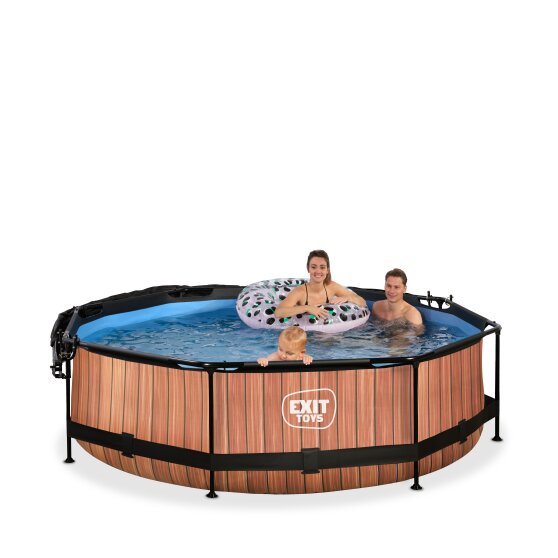 EXIT Wood pool ø300x76cm med filterpump och solsegel - brun