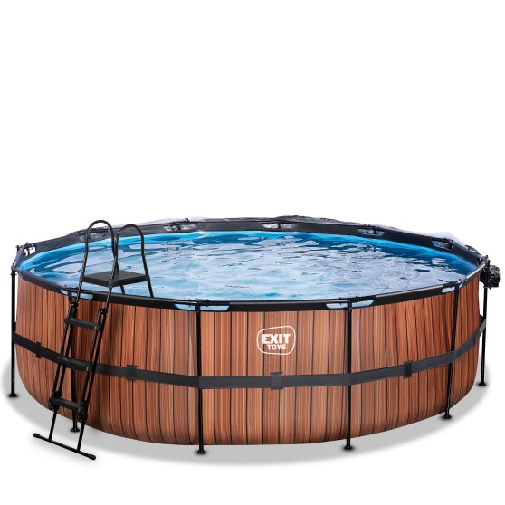 EXIT Wood pool ø488x122cm med sandfilterpump och tak och värmepump - brun
