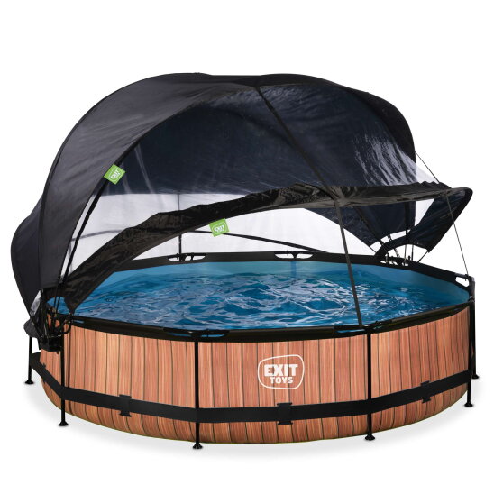 EXIT Wood pool &oslash;360x76cm med filterpump och tak och solsegel - brun
