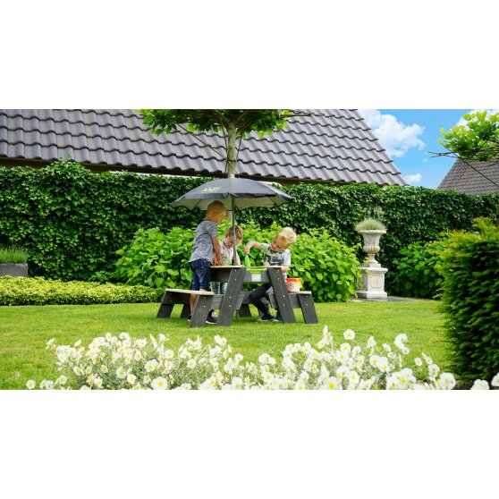EXIT Aksent sand & water and picnic table (2 benches) with parasol and gardening tools