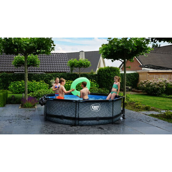EXIT Stone pool ø300x76cm med filterpump och tak - grå