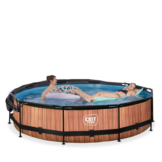 EXIT Wood pool ø360x76cm med filterpump och solsegel - brun