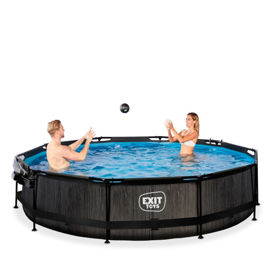 EXIT Black Wood pool &oslash;360x76cm med filterpump och tak - svart