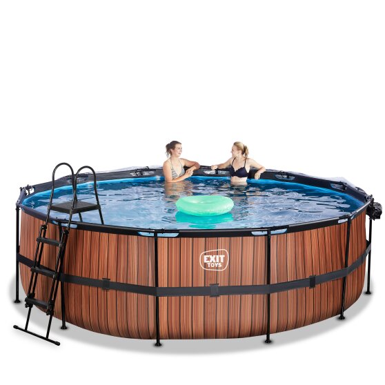 EXIT Wood pool ø450x122cm med sandfilterpump och tak och värmepump - brun