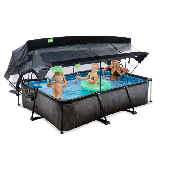 EXIT Black Wood pool 300x200x65cm med filterpump och tak och solsegel - svart