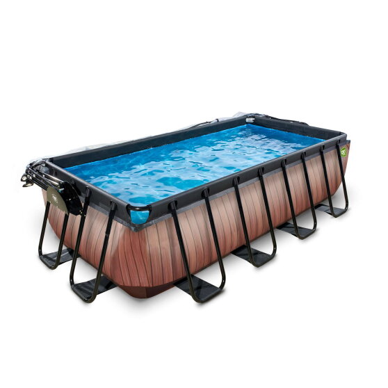 EXIT Wood pool 400x200x100cm med sandfilterpump och tak - brun