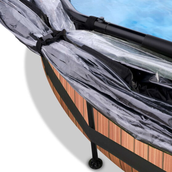 EXIT Wood pool &oslash;244x76cm med filterpump och tak - brun