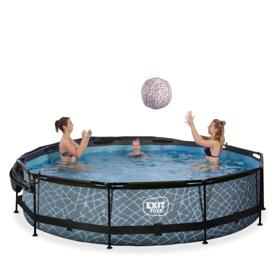 EXIT Stone pool ø360x76cm med filterpump och solsegel - grå