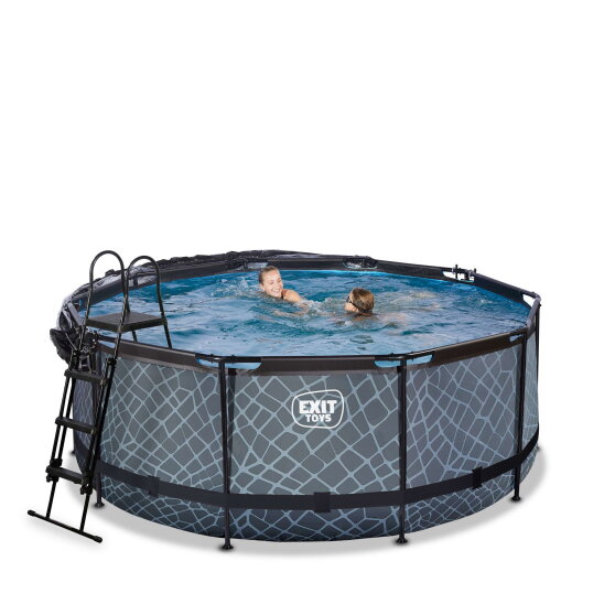 EXIT Stone pool &oslash;360x122cm med sandfilterpump och tak och v&auml;rmepump - gr&aring;