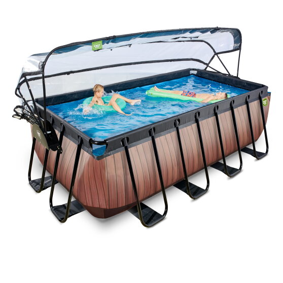 EXIT Wood pool 400x200x122cm med sandfilterpump och tak - brun