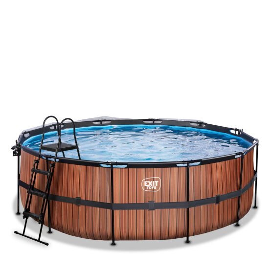 EXIT Wood pool ø427x122cm med sandfilterpump och tak och värmepump - brun