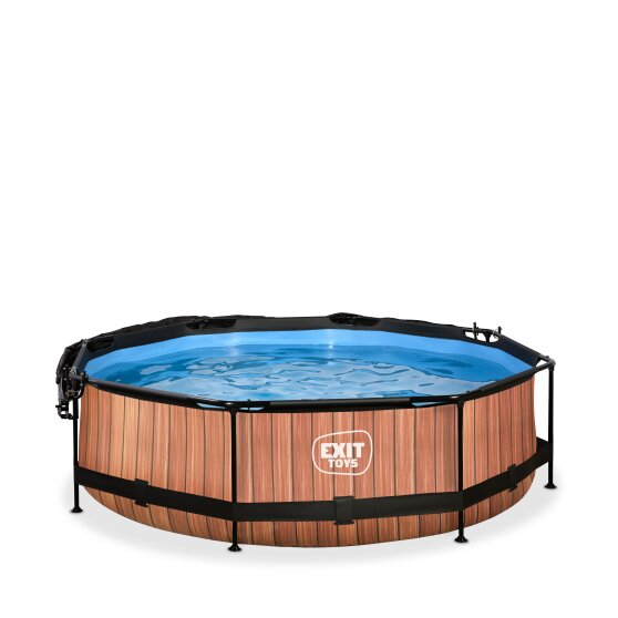 EXIT Wood pool ø300x76cm med filterpump och solsegel - brun