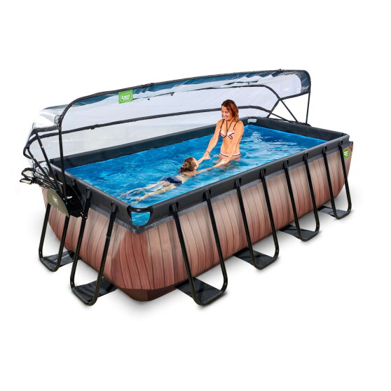 EXIT Wood pool 400x200x100cm med sandfilterpump och tak och v&auml;rmepump - brun