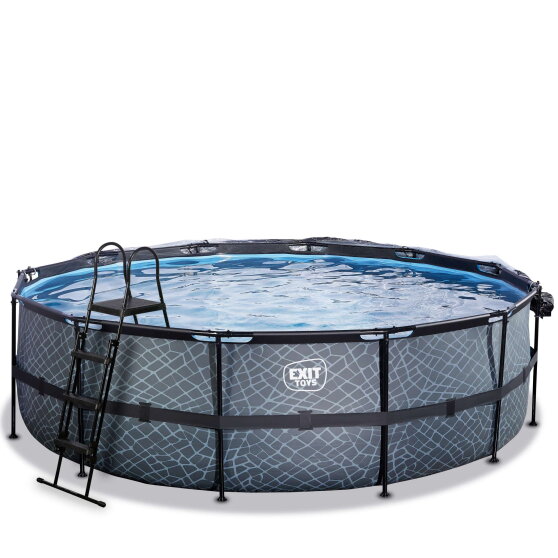 EXIT Stone pool &oslash;488x122cm med sandfilterpump och tak och v&auml;rmepump - gr&aring;