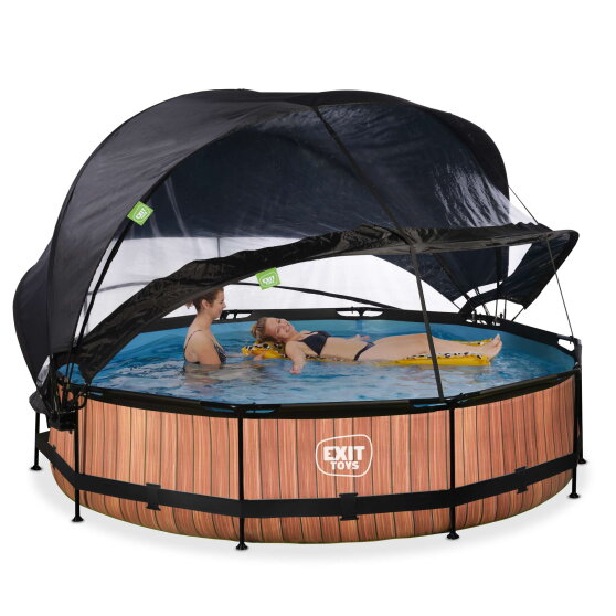 EXIT Wood pool &oslash;360x76cm med filterpump och tak och solsegel - brun