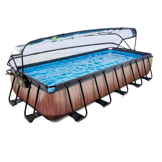 EXIT Wood pool 540x250x100cm med sandfilterpump och tak - brun