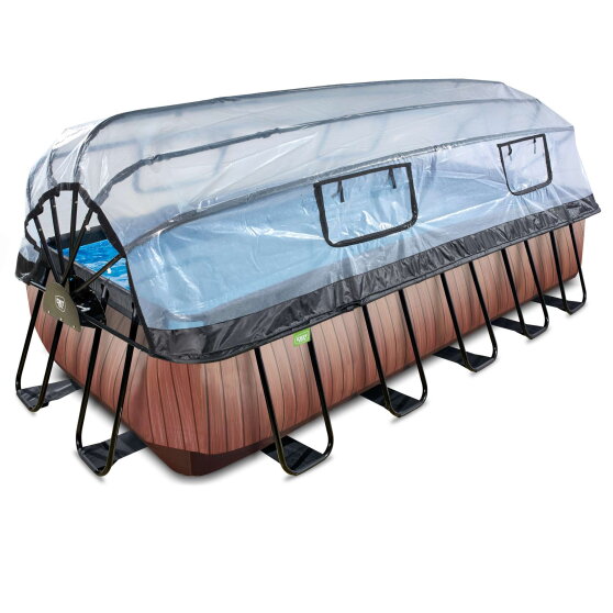 EXIT Wood pool 540x250x122cm med sandfilterpump och tak och v&auml;rmepump - brun