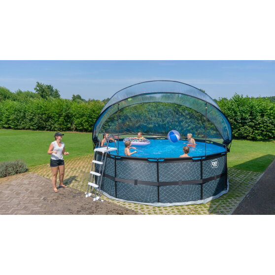EXIT Stone pool ø450x122cm med sandfilterpump och tak och värmepump - grå