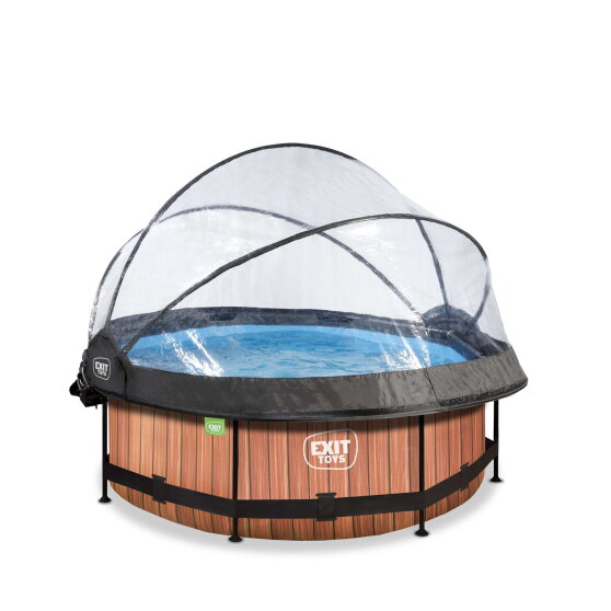 EXIT Wood pool &oslash;244x76cm med filterpump och tak och solsegel - brun