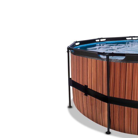 EXIT Wood pool ø427x122cm med sandfilterpump och tak och värmepump - brun