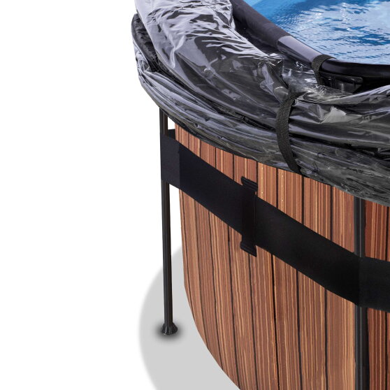 EXIT Wood pool ø488x122cm med sandfilterpump och tak och värmepump - brun