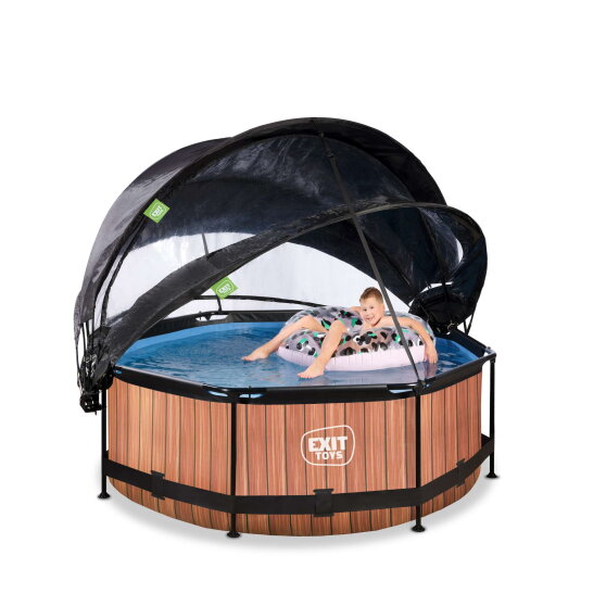 EXIT Wood pool &oslash;244x76cm med filterpump och tak och solsegel - brun