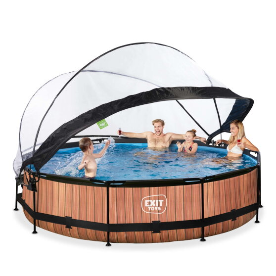 EXIT Wood pool &oslash;360x76cm med filterpump och tak - brun