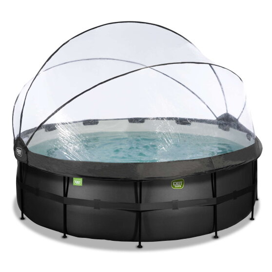 EXIT Black Leather pool &oslash;427x122cm med sandfilterpump och tak och v&auml;rmepump - svart