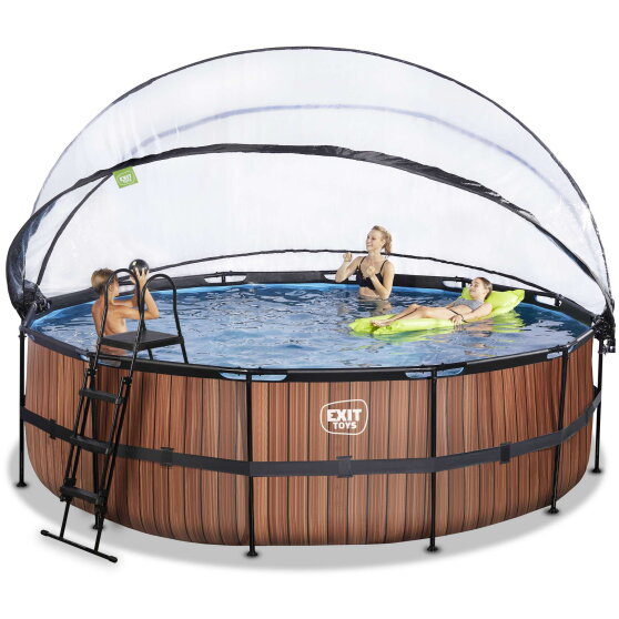 EXIT Wood pool ø488x122cm med sandfilterpump och tak och värmepump - brun
