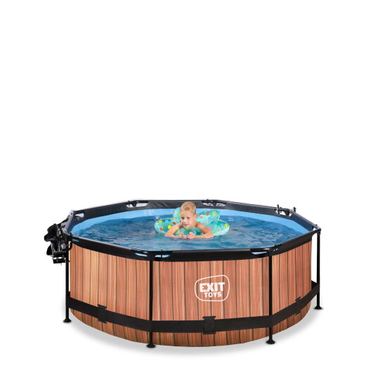 EXIT Wood pool &oslash;244x76cm med filterpump och tak och solsegel - brun