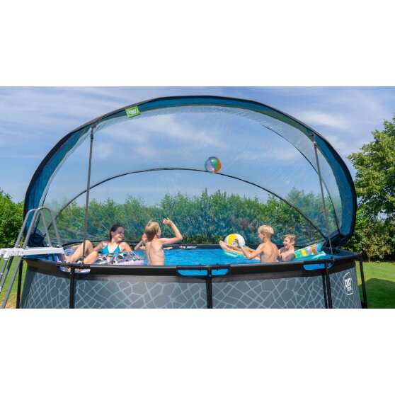 EXIT Stone pool ø450x122cm med sandfilterpump och tak och värmepump - grå