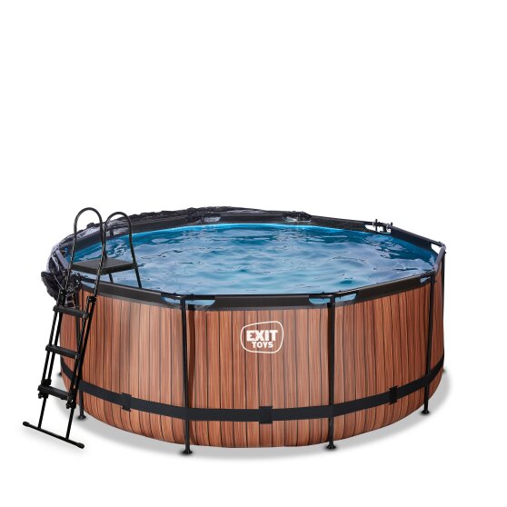 EXIT Wood pool ø360x122cm med sandfilterpump och tak och värmepump - brun