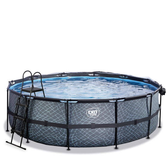 EXIT Stone pool ø450x122cm med sandfilterpump och tak och värmepump - grå