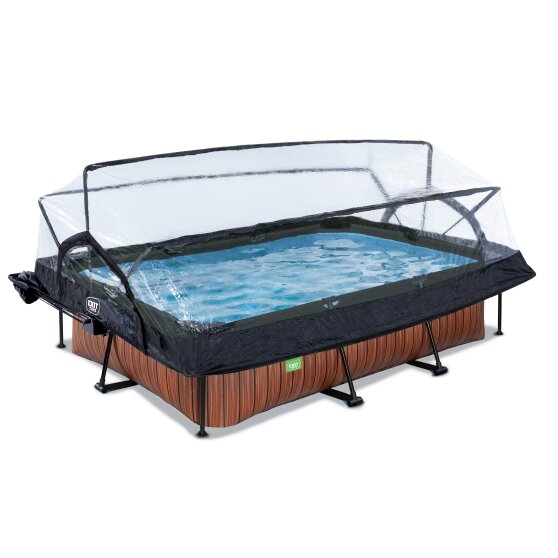 EXIT Wood pool 300x200x65cm med filterpump och tak och solsegel - brun